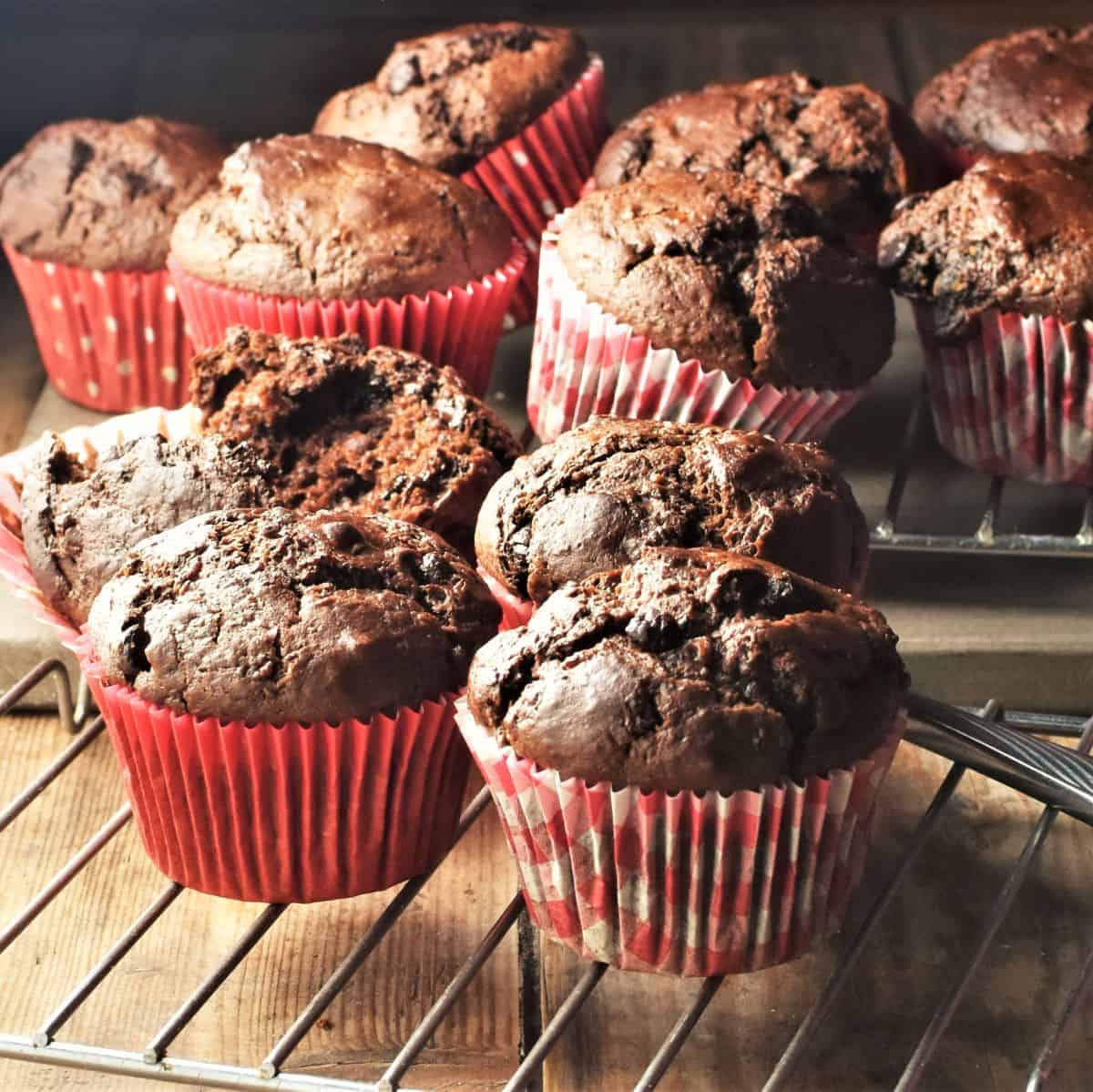 Side view of healthy chocolate muffins in red paper cases on top of rack.
