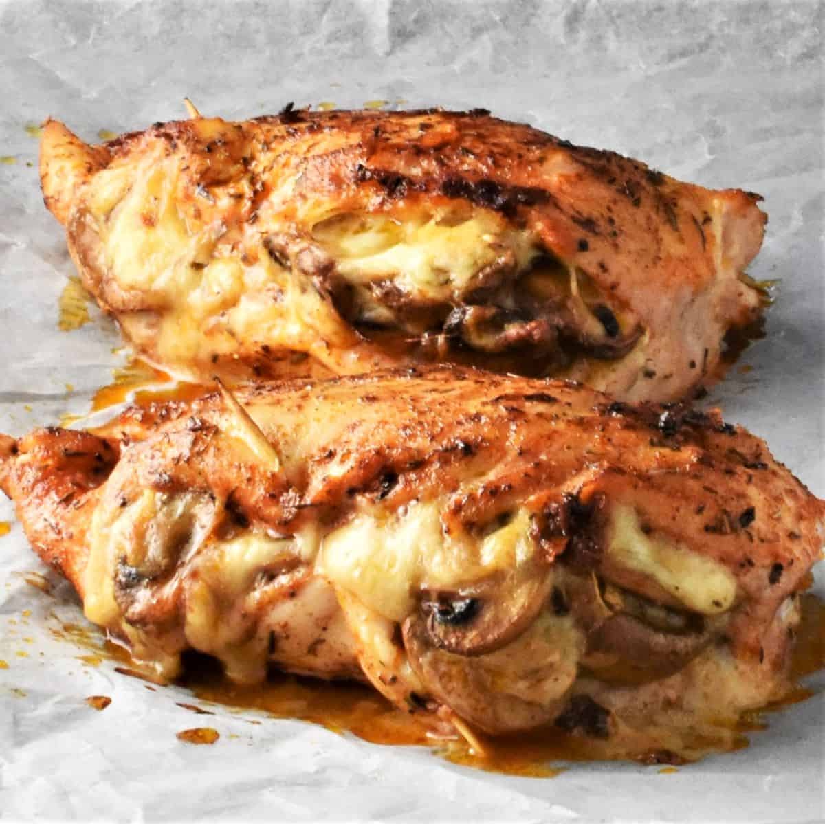 Side view of mushroom and cheese stuffed chicken breasts on parchment.